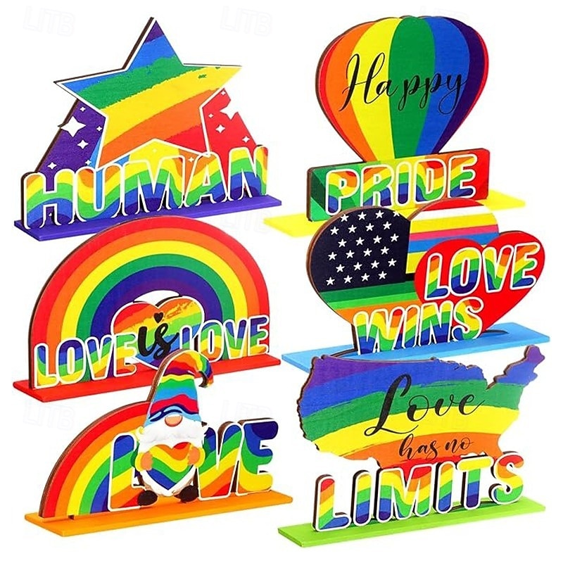 6 Pieces Pride Decorative Wooden Table Centerpieces, Love Is Love Table Decorations for Pride Month, Rainbow Theme LGBTQ Party Supplies, Perfect for Pride Celebration and Party Decor