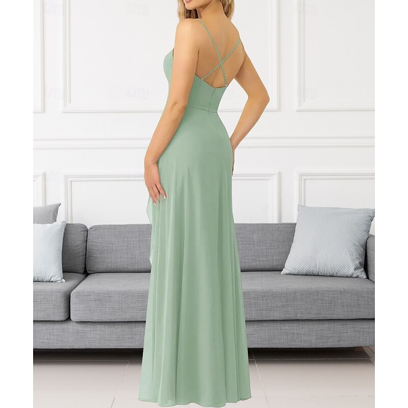 A-Line Bridesmaid Dress V Neck / Spaghetti Strap Sleeveless Elegant Floor Length Chiffon with Ruffles / Split Front / Ruching 20224