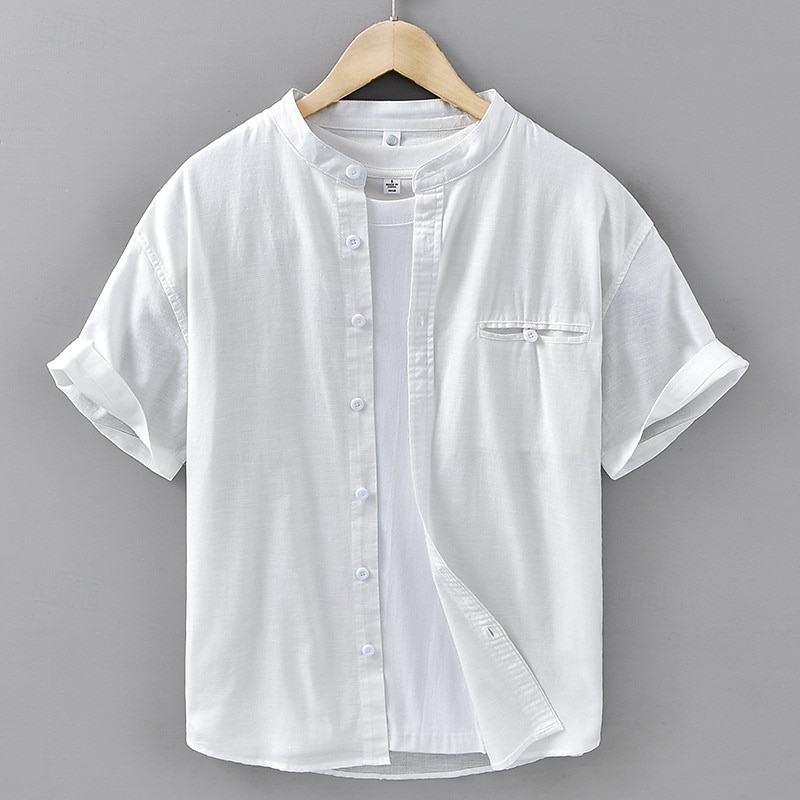 Men's Shirt Linen Shirt Casual Shirt Button Up Shirt Cotton Shirt Plain Vacation Street White Navy Blue Blue Brown Short Sleeve Grandad Summer Clothing Apparel Pocket