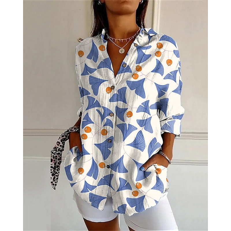 Women's Shirt Flower Daily Stylish Basic Half Sleeve V Neck Regular Tops Daily Holiday Print White Blue Beige Spring Fall3