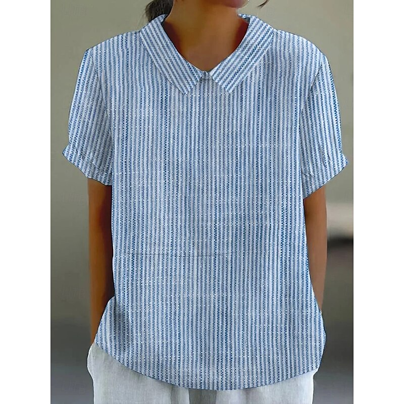 Women's Blouse Graphic Geometric Striped Elegant Daily Stylish Short Sleeve Shirt Collar Regular Tops Work Daily Holiday Print Pink Blue Green Gray Summer Spring
