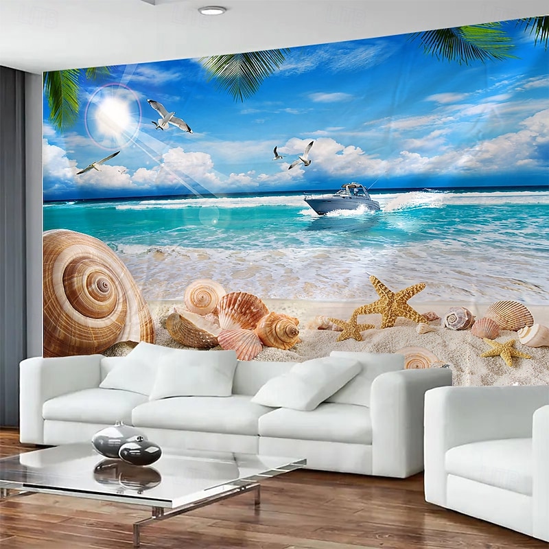 Sea View Beach Shell Landscape Hanging Tapestry Mural Art Large Tapestry Mural Decoration Photos Background Carpet Curtains Home Bedroom Living Room Decoration2