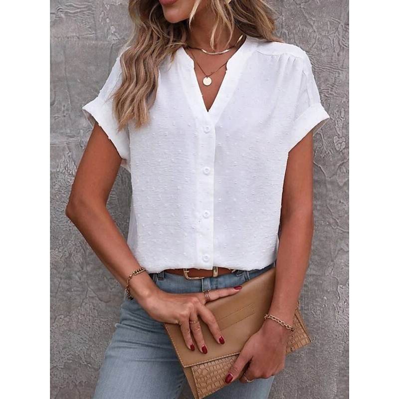 Women's Shirt Button Down Blouse Solid Color Stylish Casual Short Sleeve Notched Neck Regular Tops Daily Buttons White Summer4