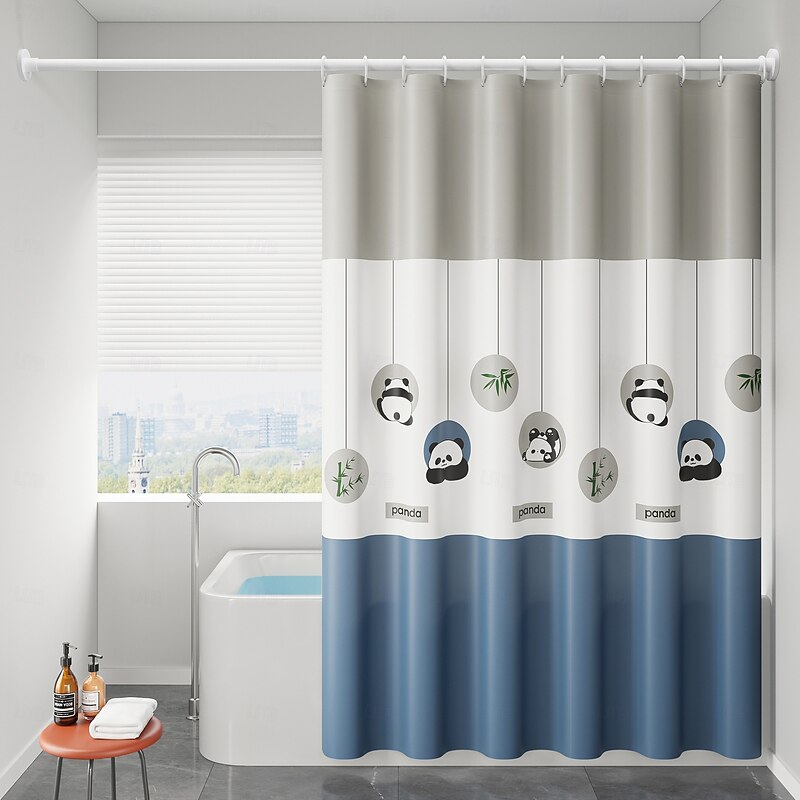PEVA Shower Curtain Bath Curtain Extra Long 240cm Waterproof Mildew Proof Animal Panda Pattern, Including Hooks