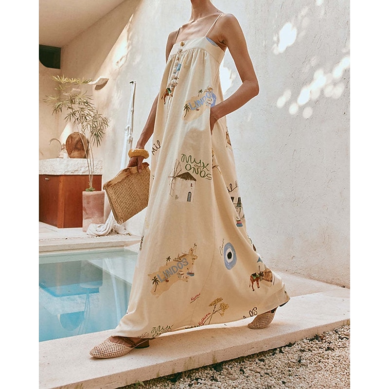 Women's Long Dress Maxi Dress Cotton Linen Dresses Casual Dress Fashion Outdoor Party Holiday Regular Fit Painting Sleeveless Spaghetti Strap Beige Summer