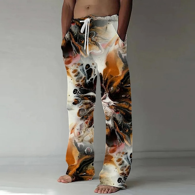 Men's Marble Abstract Liquid Art Trousers Baggy Pants Casual Pants Mid Waist Casual Outdoor Vacation Drawstring Side Pockets Elastic Waist Summer Spring 3D Print Black Blue Brown4