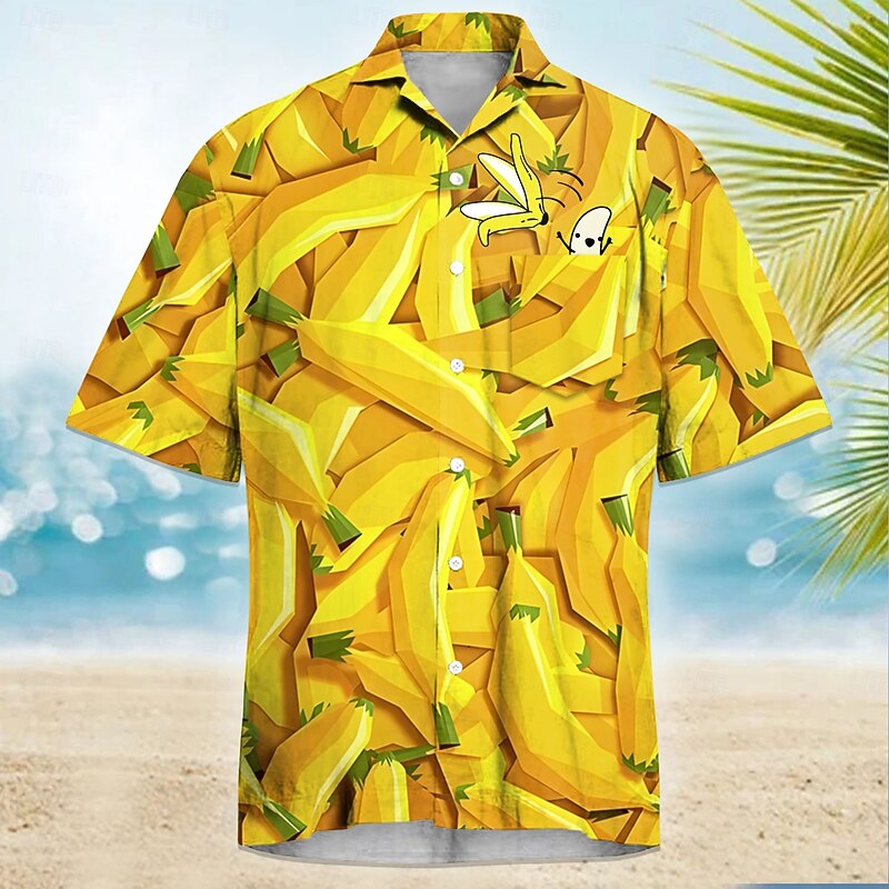 Men's Funny Banana Cuban Collar Shirt Summer Hawaiian Shirt Aloha Shirt Short Sleeve Hawaiian Vacation Holiday Beach Wear Summer Spring Camp Collar Shirt 3D Print Front One Pocket Yellow Blue Green