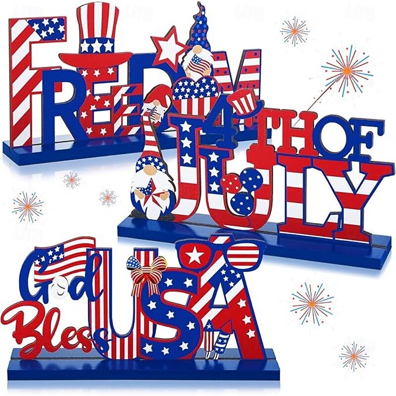 3 Pieces Patriotic Wooden Decorations 4th of July Independence Day Decorations Patriotic Table Decorations Wooden Table Centerpieces Decorations for American Memorial Day Veteran Day Party Decor
