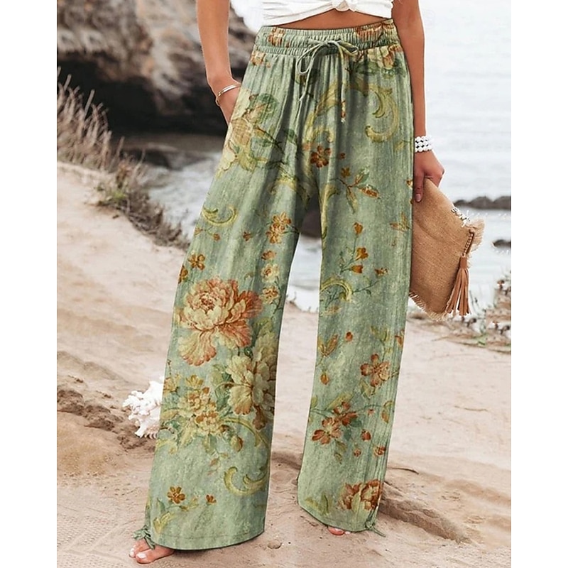 Women's Linen-Inspired Pants Wide Leg Palazzo Pants Fashion Boho Full Length High Waist Flower Elastic Waist Breathable Comfortable Micro-elastic Street Daily Wear Going out Green Gray Summer Spring