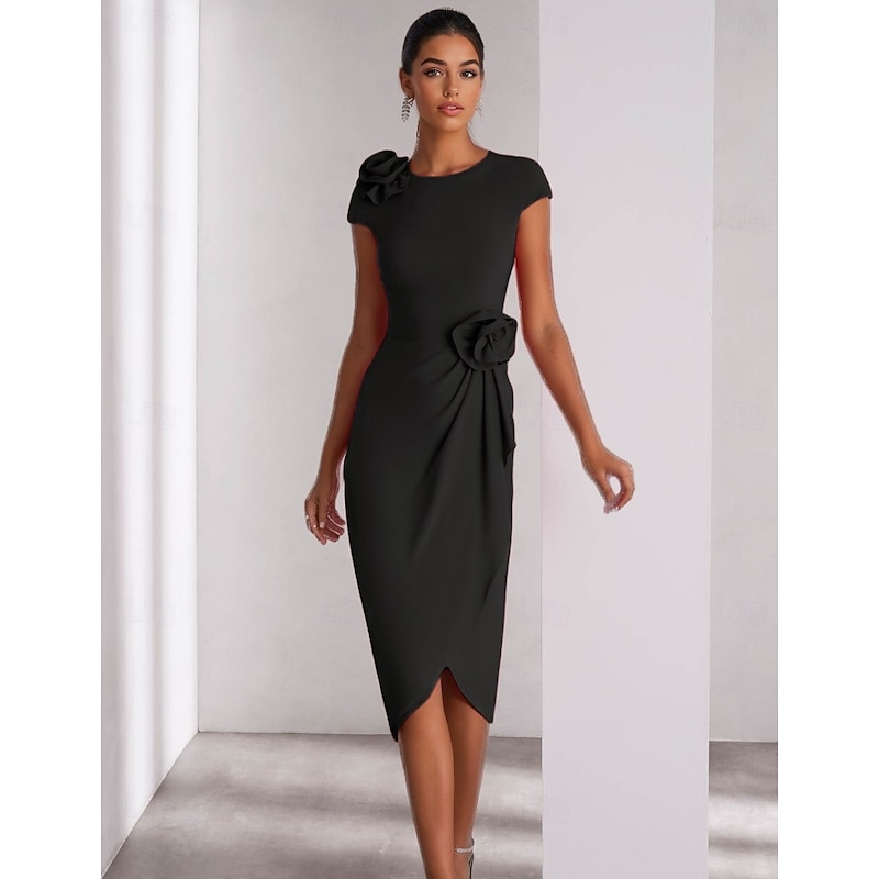 Column Cocktail Dresses Elegant Formal Wedding Guest Ankle Length Short Sleeve Crew Neck Stretch Crepe with Shouder Flower4