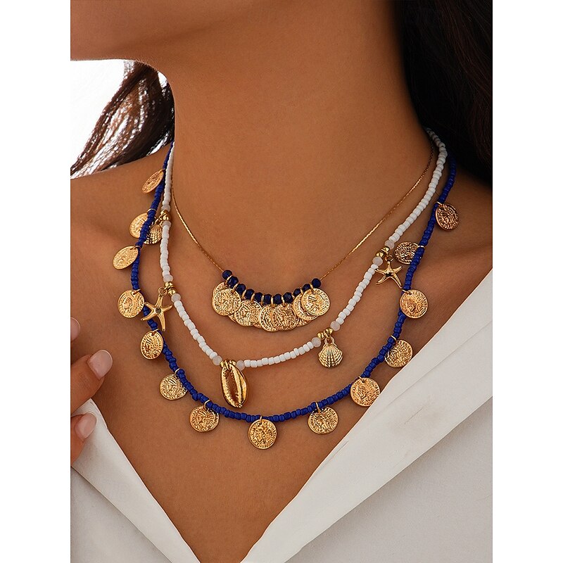 Gold and Blue Beaded Shell and Coin Charm Necklace Set for Women – Beach Boho Style Layered Necklaces with Starfish and Shell Accents for Summer and Vacation