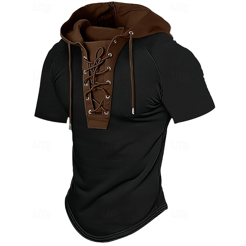 Men's T Shirt Tee Short Sleeve Shirt Tee Top Short Sleeve Hooded Summer Plain Fashion Designer Basic Lace up Vacation Street Going out Apricot Black Top Tee for Men4