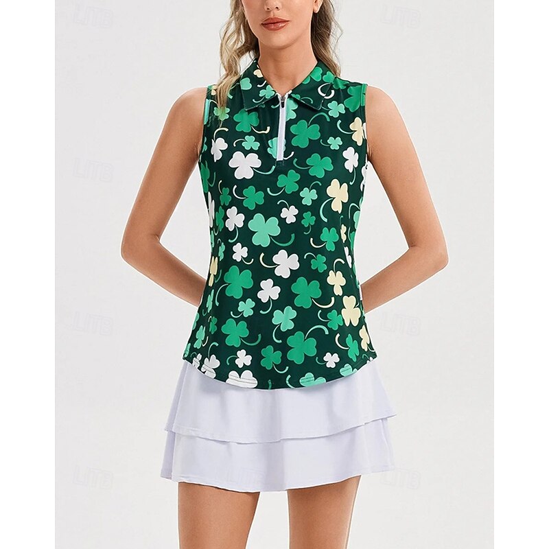 Women's Clover Tennis Shirt Sleeveless Print UPF50+ Quick Dry Tennis Golf Badminton Zip Collar Tee Tshirt Top Green Tennis Clothing2