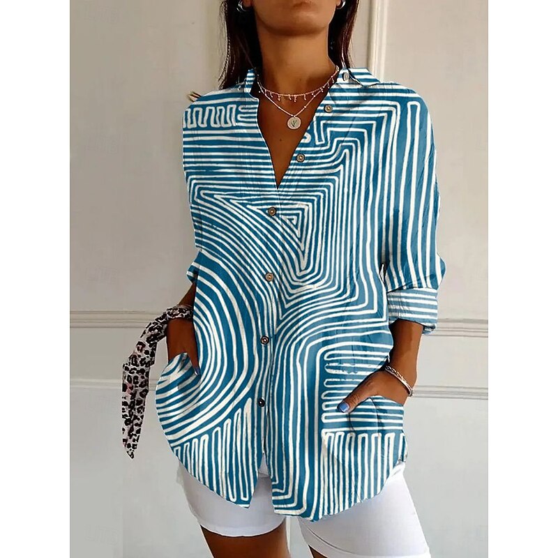 Women's Shirt Button Down Tunic Shirt Collar Long Sleeve Graphic Geometric Stylish Modern Casual Regular Tops Work Daily s Print Blue Green Khaki Spring Fall Winter