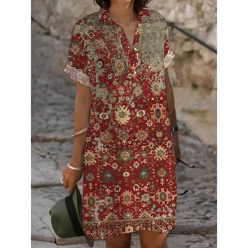 Women's Mini Dress Sundress Casual Beach Daily Regular Fit Flower Short Sleeve Shirt Collar White Yellow Red Brown Summer3