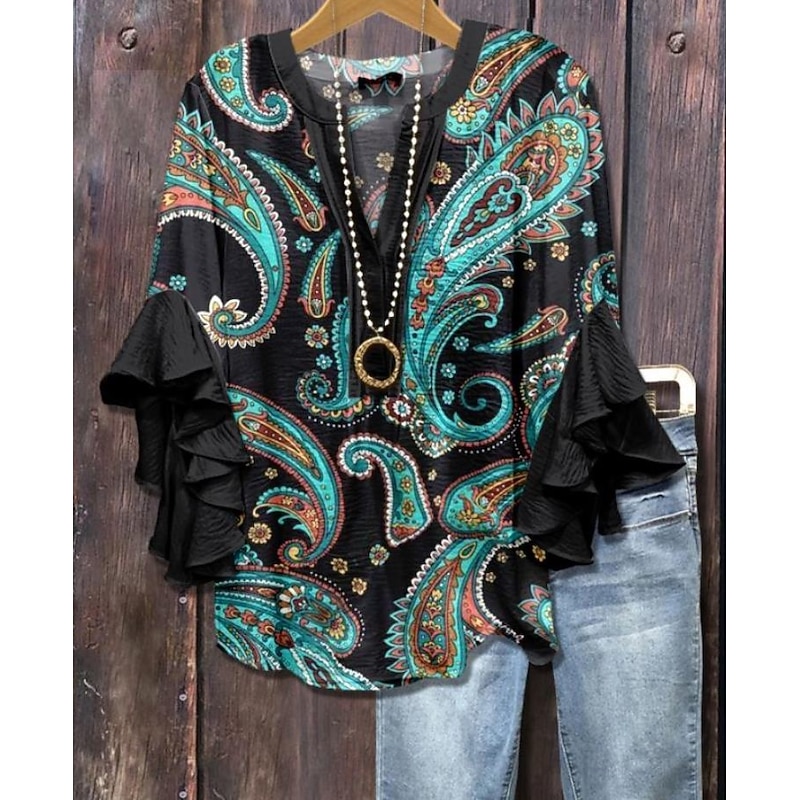 Women's Blouse V Neck Layered Ruffle Sleeve Tops Floral Graphic Paisley Bohemia Vintage Daily 3/4 Length Sleeve Regular Tops Daily Holiday Vacation Wear Print Black Pink Purple Violet Beige Summer4