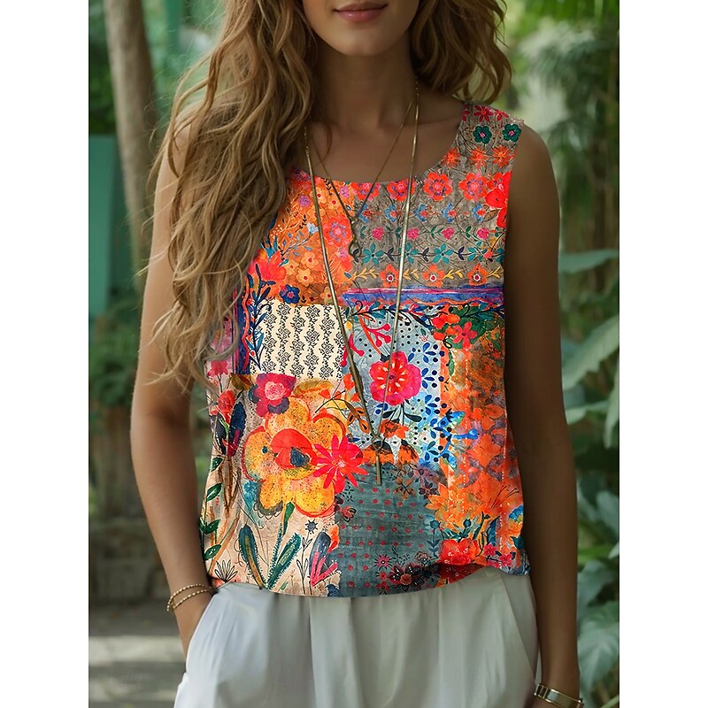 Women's Camisole Tank Top Floral Graphic Elegant Bohemia Vintage Sleeveless Crew Neck Regular Tops Black Orange Summer Spring