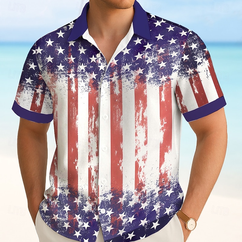 Independence Day Men's US Flag Patriotic Fourth of July Shirt Summer Shirt Button Up Shirt Short Sleeve Fashion Casual Outdoor Holiday Summer Spring Turndown 3D Print Collared Shirts White