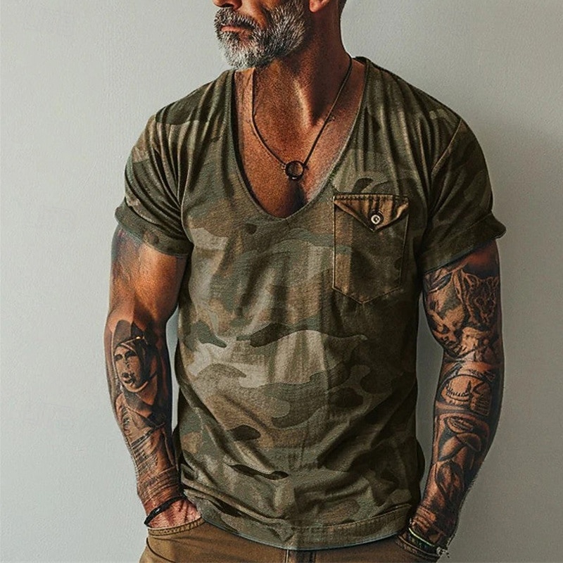 Men's T Shirt Tee Short Sleeve Shirt Tee Top Short Sleeve V Neck Summer Camo Fashion Designer Pocket Vacation Street Going out khaki Army Green Top Tee for Men
