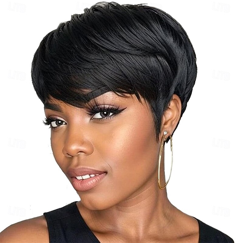 Pixie Cut Wigs for Black Women Short Synthetic Wig with Bangs Short Layered Pixie Wig Natural Black Color