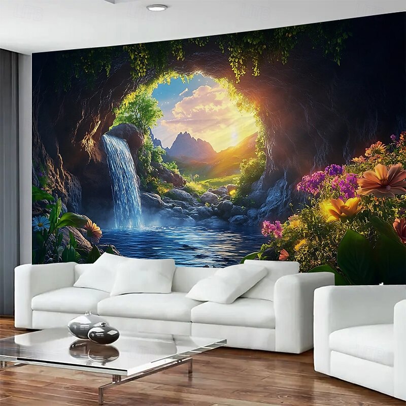 Rock Cave Waterfall Landscape Hanging Tapestry Mural Art Large Tapestry Mural Decoration Photos Background Carpet Curtains Home Bedroom Living Room Decoration2