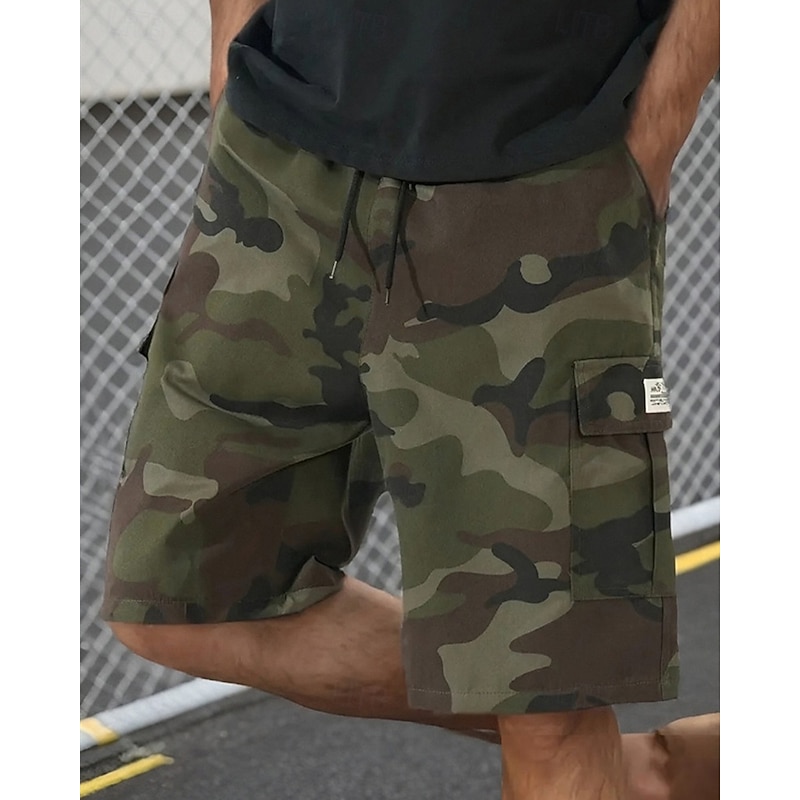 Men's Cargo Shorts Camo Shorts Shorts Summer Shorts Drawstring Elastic Waist Multi Pocket Camouflage Comfort Wearable Knee Length Outdoor Sport Daily Fashion Casual Black Khaki4