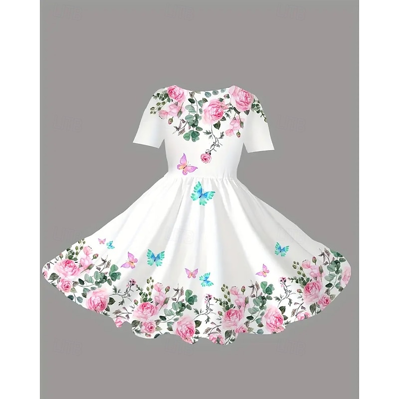 Girls' 3D Butterfly Flower Dress Short Sleeve Summer Spring Vacation Daily Holiday Princess Beautiful Sweet Kids 4-12 Years Casual Dress A Line Dress Knee-length Regular Fit3