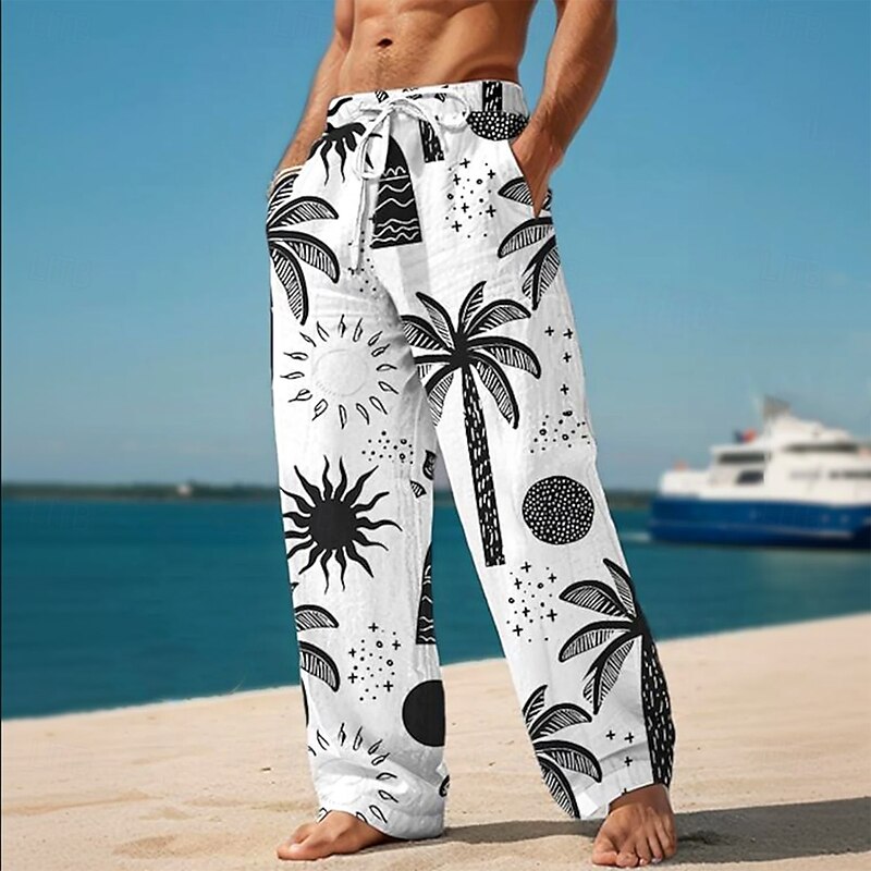 Men's Coconut Tree Palm Leaf Tropical Plants Trousers Baggy Pants Casual Pants Mid Waist Hawaiian Casual Vacation Holiday Beach Wear Drawstring Elastic Waist Wide Leg Summer Spring 3D Print Black3