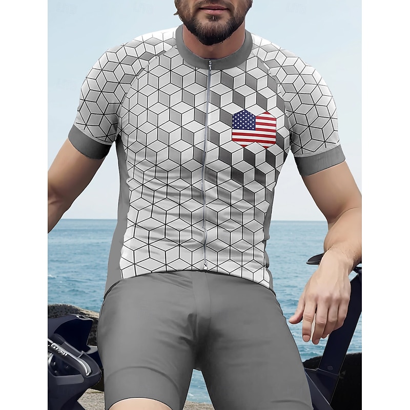 Men's Cycling Jersey Graphic Geometric Independence Day Short Sleeve Bike Tee Tshirt Jersey Top with 3 Rear Pockets UV Resistant Quick Dry Front Zipper Reflective Strips Sports Silver Clothing Apparel