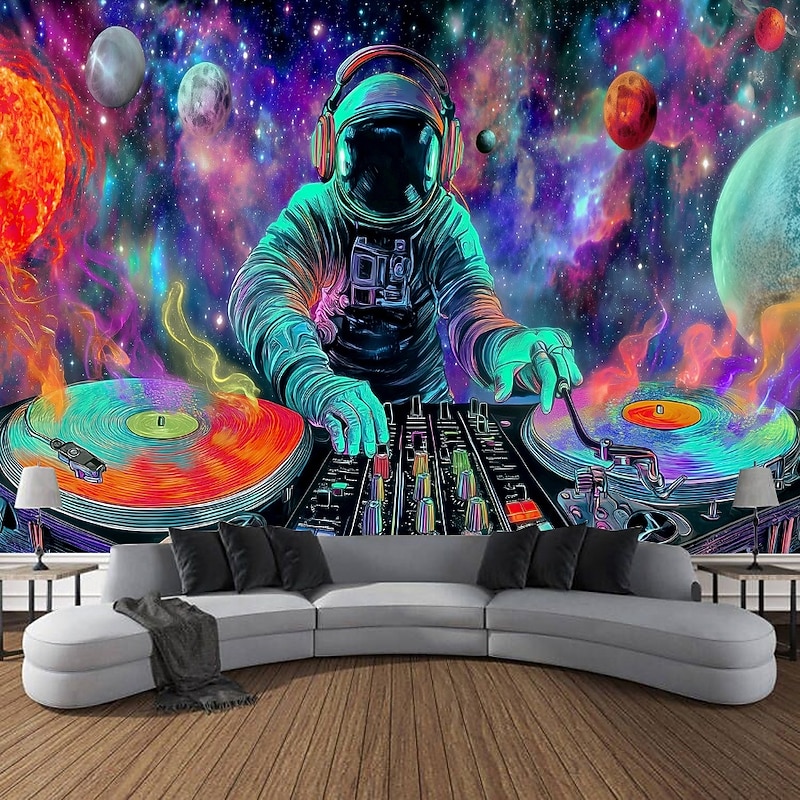 Blacklight Tapestry Glow in the Dark Glow Party UV Reactive Astronaut Guitar Trippy Misty Nature Landscape Hanging Tapestry Wall Art Mural for Living Room Bedroom