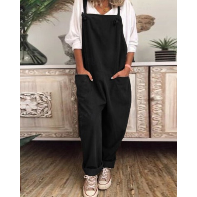 Women's Normal Cotton Linen Pants Streetwear Solid Color Sleeveless U Neck Pocket Street Daily Regular Fit Black Navy Blue Khaki Summer