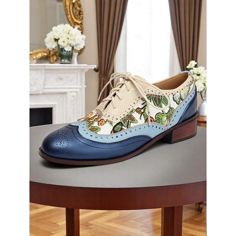 Women's Floral Embroidered Oxford Shoes – 1950s Vintage Lace-Up Faux Leather Flats for Daily Wear, Tea Parties & Garden Walks3