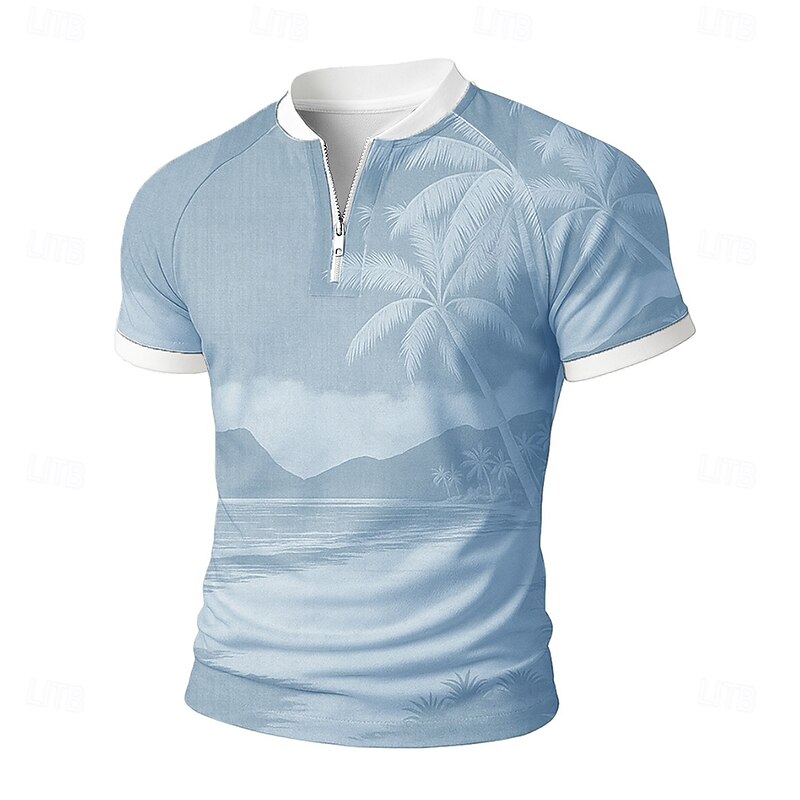 Men's Palm Tree Zip Polo Short Sleeve Stand Collar Vacation Leisure Athleisure Hawaiian Casual Daily Zipper 3D Print Summer Robin's Egg Blue Light Green Brown2