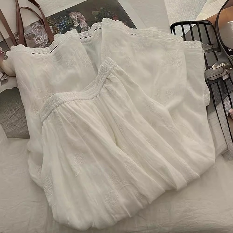 Women's Skirt Fashion Maxi Mid Rise Skirts Plain Embroidered Micro-elastic Vacation Street White Summer Cotton4