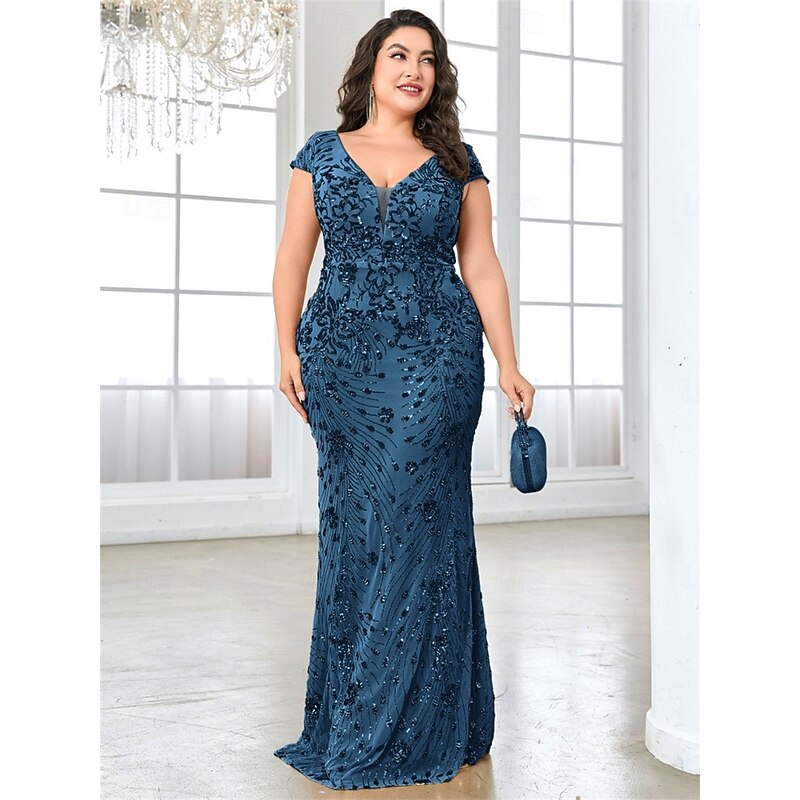 Mermaid / Trumpet Plus Size Dresses Elegant Curve Dress Formal Wedding Floor Length Short Sleeve V Neck Lace Backless with Sequin3