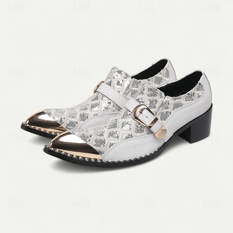 Men's White Leather Dress Shoes with Gold Tip Metallic Buckle–Stylish Formal Shoes for Business Meetings and Evening Events2