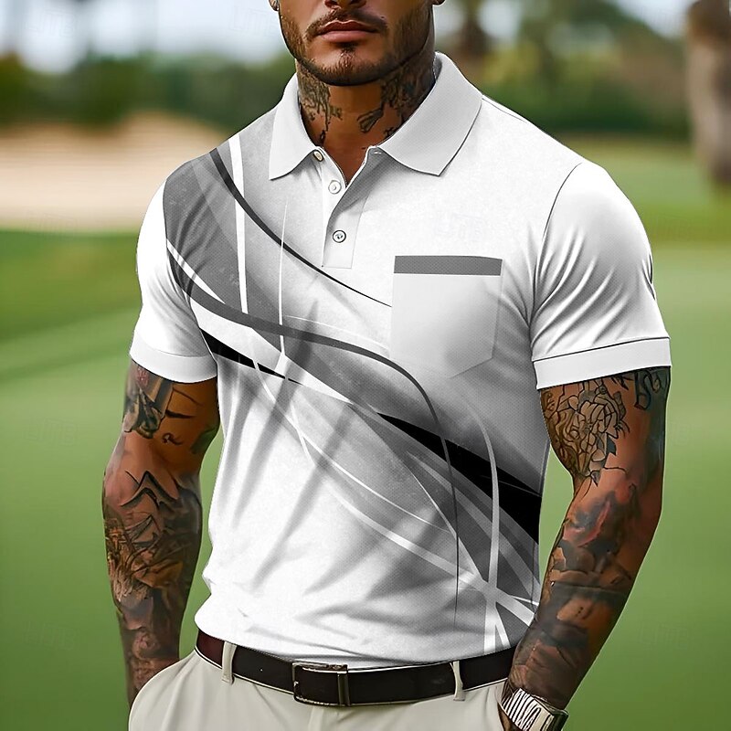 Men's Button Up Polos Street Casual Lapel Short Sleeve Fashion Modern Geometic Line Buttons Pocket Summer Blue Purple Green Gray Button Up Polos4