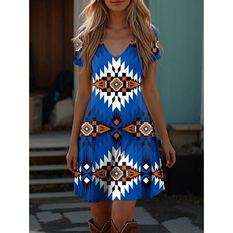 Women's Boho Dress Western Dress Vintage Mini Dress T Shirt Dress Tee Dress Summer Dress Vacation Casual Beach Going out Regular Fit Graphic Tribal Short Sleeve V Neck Red Blue Purple Green Summer4