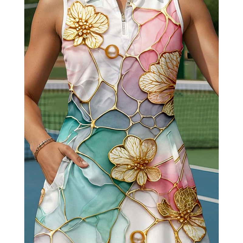 Women's Floral Tennis Dress Sports Dress Sleeveless Print Breathable Tennis Golf Badminton Polo Collar Zip Collar Dress Pink Tennis Clothing3