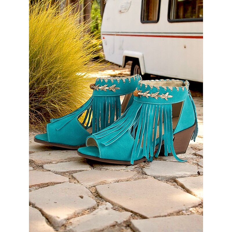 Women's Blue Bohemiao Fringe Peep-Toe Sandals with Block Heels – Western Style Open Toe Summer Shoes for Music Festivals and Casual Outings