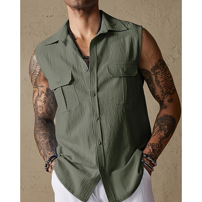 Men's Tank Top Vest Top Undershirt Sleeveless Shirt Sleeveless Lapel Summer Plain Fashion Designer Basic Buttons Pocket Vacation Street Casual Daily Black Green Beige Top Tee for Men3