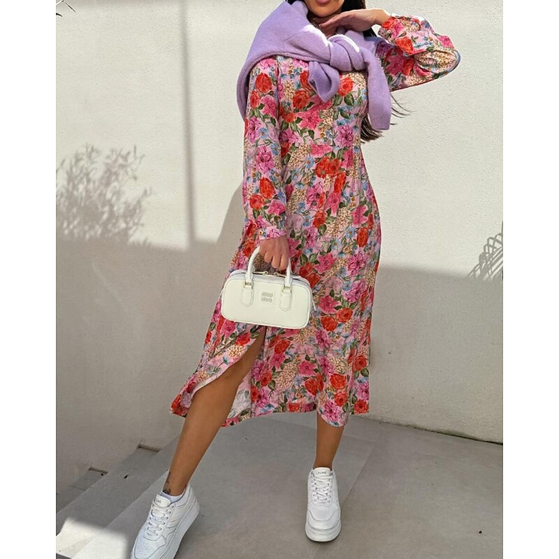 Women's Midi Dress Floral Dress Print Dress Classic Modern Vacation Holiday Going out Regular Fit Flower Long Sleeve V Neck Pink Red Blue Summer4