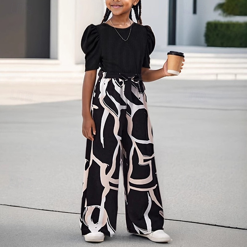 2 Pieces Kids Girls' Solid Color Puff Sleeve T-shirt & Pants Set Short Sleeve Fashion Outdoor 4 years+ Summer Black Red Green