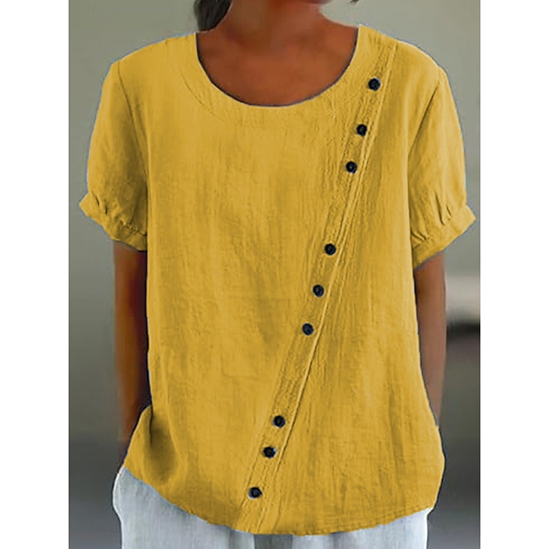Women's Blouse Solid Color Elegant Casual Short Sleeve Crew Neck Regular Tops Daily Holiday Buttons Yellow Pink Blue Summer3
