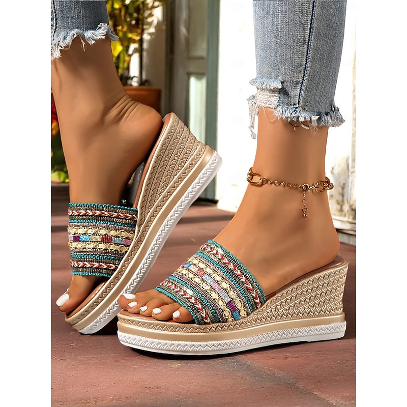 Women's Bohemian Beaded Platform Slide Sandals with Embroidered Tribal Straps, Cushioned Footbed, Non-Slip Sole, for Adults' Summer Vacation, Daily Outings, Beach Walks, and Boho Resort Styling2
