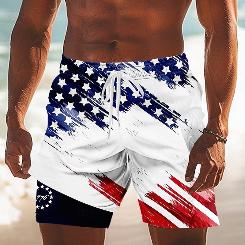Independence Day Men's US Flag Patriotic Fourth of July Lined Shorts 2 in 1 Board Shorts Swim Trunks Mid Waist Holiday Side Pockets With Compression Liner Elastic Drawstring Waist Designer Clothing3
