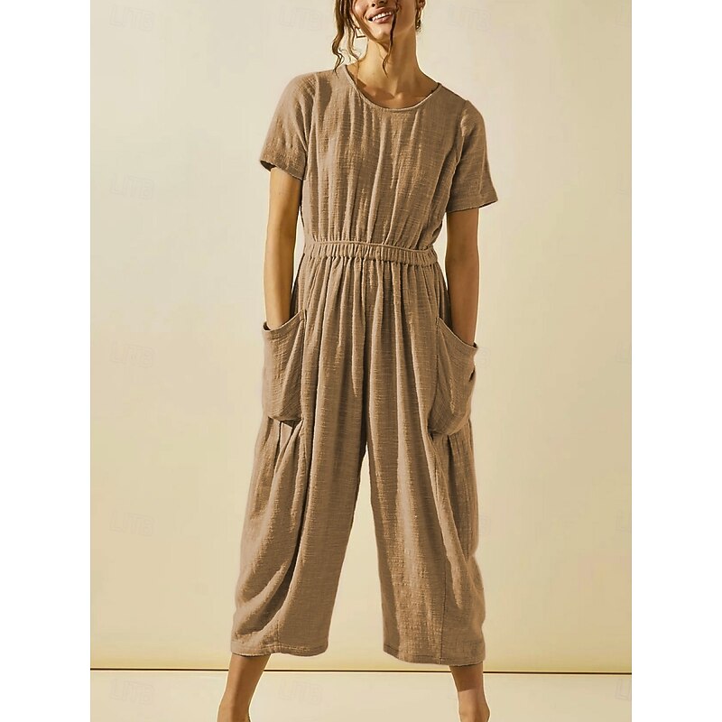 Women's Normal Jumpsuit Active Solid Color Short Sleeve Round Neck Pocket Vacation Daily Regular Fit White Green Khaki Summer
