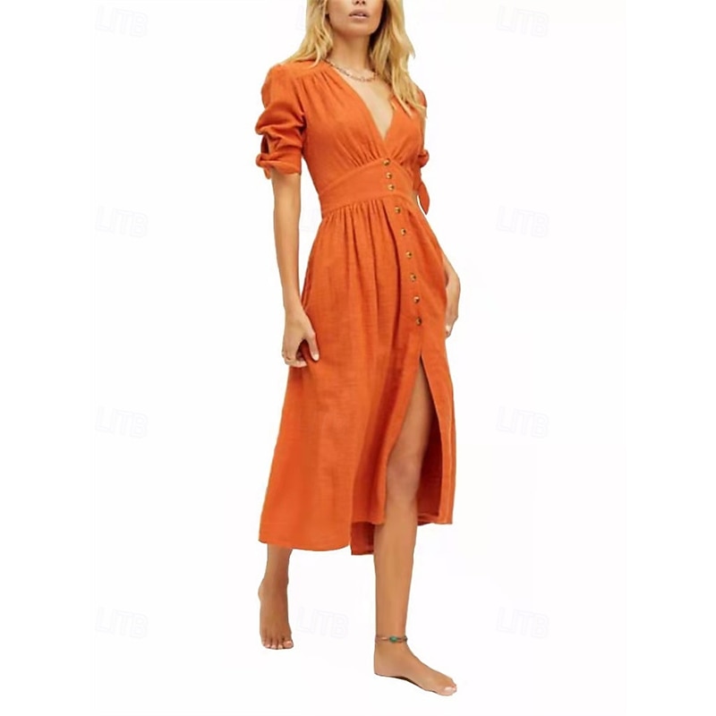 Women's Midi Dress Cotton Linen Dresses Casual Dress Boho Dress Elegant Fashion Outdoor Party Holiday Regular Fit Plain Long Sleeve V Neck Orange Summer