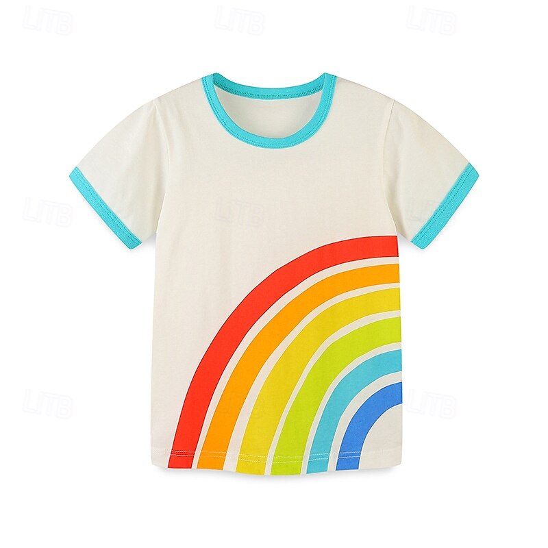 Kids Boys T shirt Tee Rainbow Short Sleeve Crewneck Children Top Outdoor Basic Summer White 4 years+2