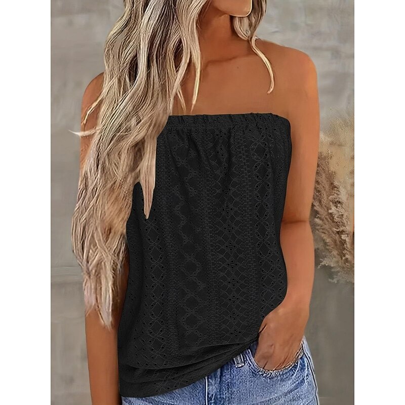 Women's Tubetop Solid Color Daily Casual Sleeveless Strapless Regular Tops Daily Eyelet Black White Yellow Red Purple Summer3